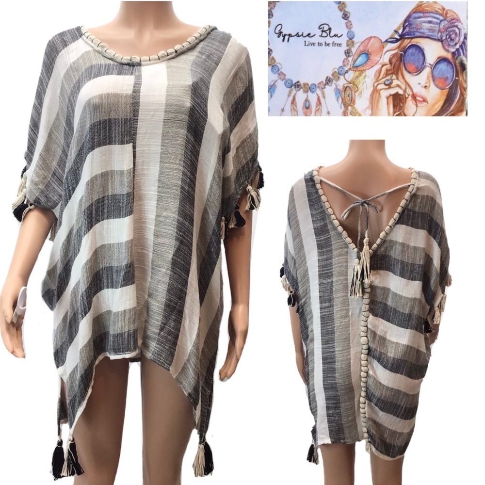 Gypsie Blu Boho Striped Poncho Swimsuit Coverup